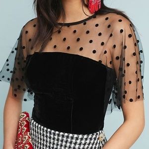 Anthropologie Black Crushed Velvet Dot Mesh Top XL